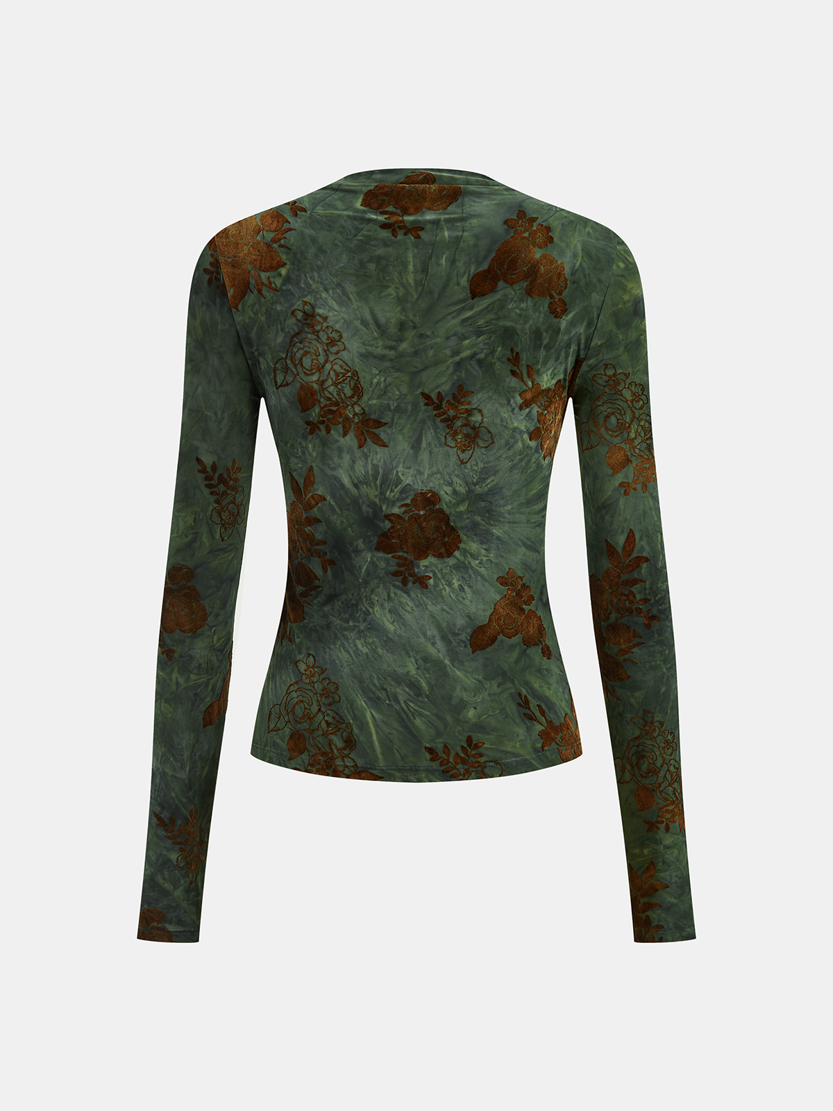 Velvet-Floral Ruched Long-Sleeve Top