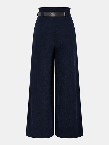 Belted Corduroy Wide-Leg Pleated Pants