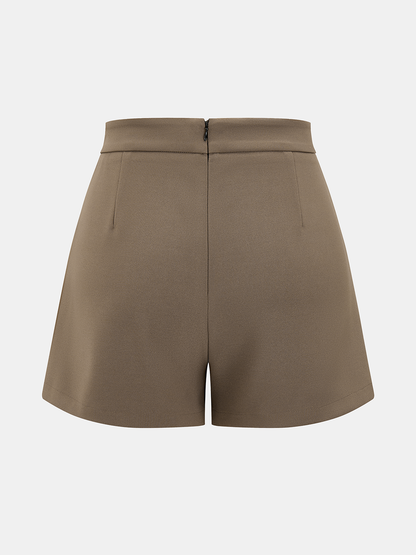 Metal Button Mid-Waist Pleated Shorts