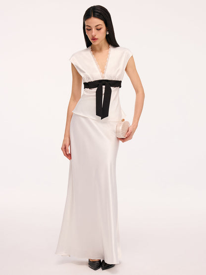 Satin Lace Trim Bow Top & Maxi Skirt Set