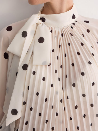 Bow Neck Pleated Polka Dot Blouse