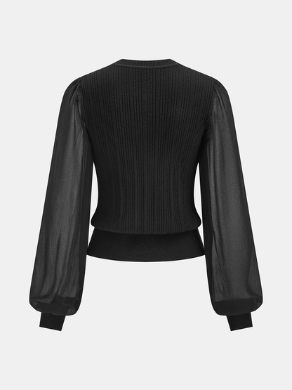 Sheer Sleeve Metal Button Ribbed Knit Cardigan