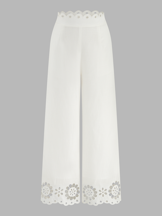 Scalloped Eyelet Linen Blend Wide Leg Pants
