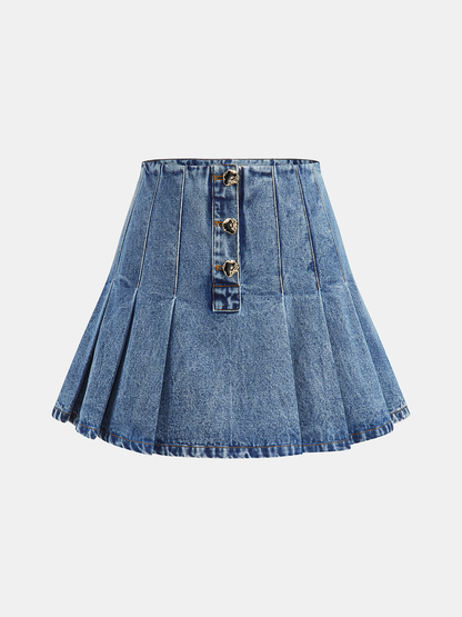 Denim Crop Vest & Pleated Mini Skirt Set