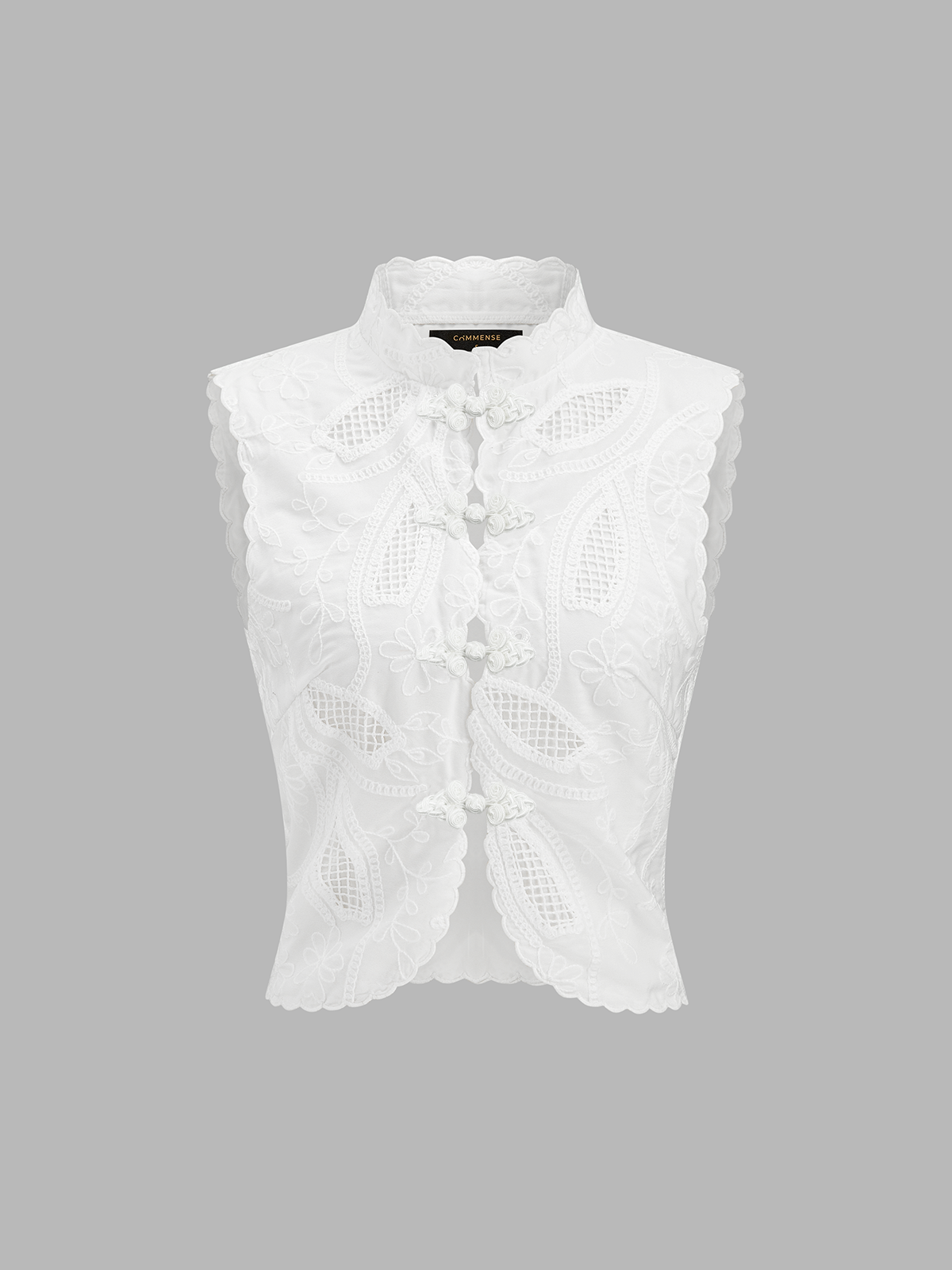 Frog Button Eyelet Embroidered Sleeveless Top