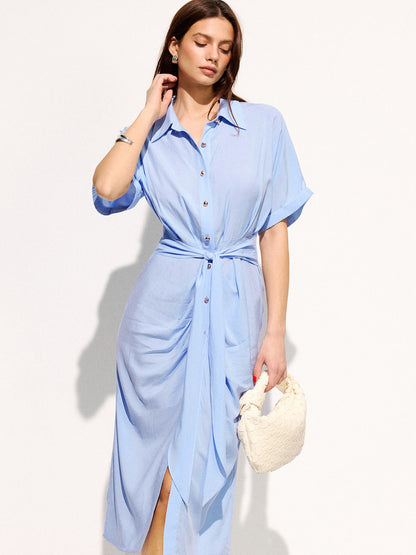 Tie-Waist Short Sleeve Maxi Shirt Dress