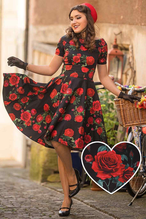 Darlene Red Rose Dress In Black