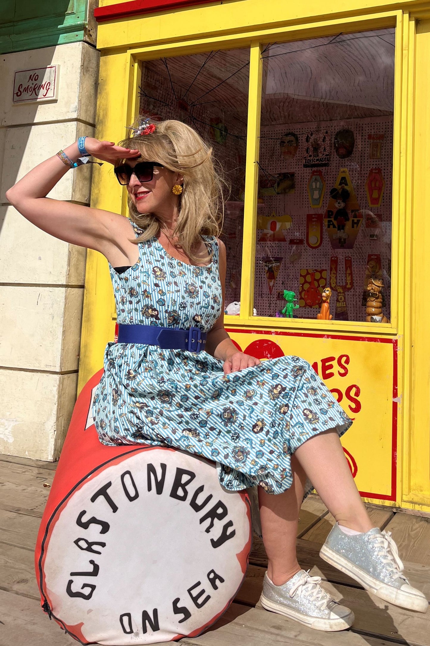Amanda Blue Striped Flared Dress in Nautical Print