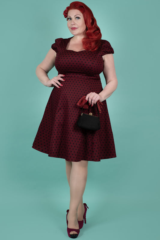 Claudia Flirty Fifties Polka Dot Dress in Burgundy-Black