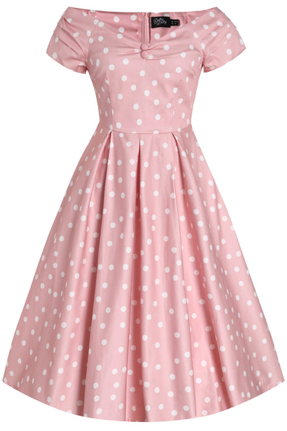 Lily Light Pink & White Polka Dot Off Shoulder Dress
