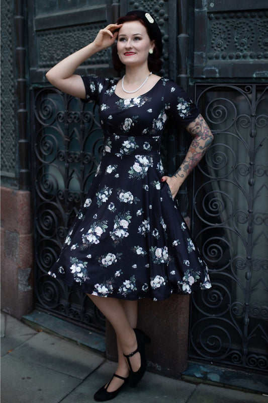 Brenda Black Floral Flared Dress