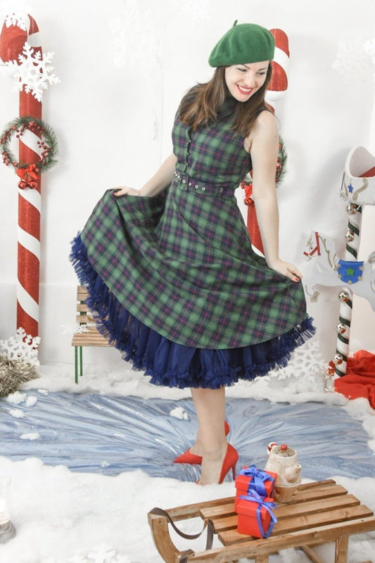 Poppy Retro Shirt Swing Dress in Green Tartan