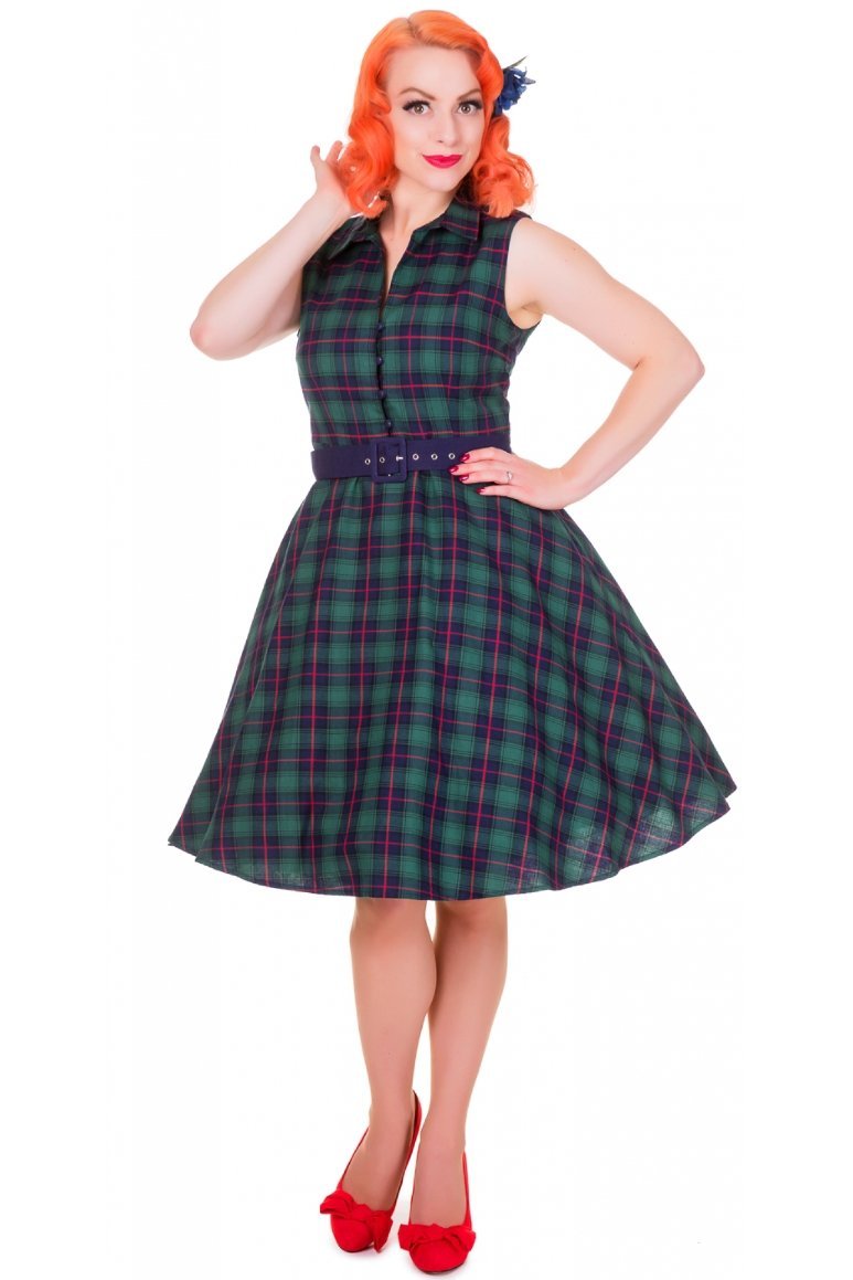 Poppy Retro Shirt Swing Dress in Green Tartan