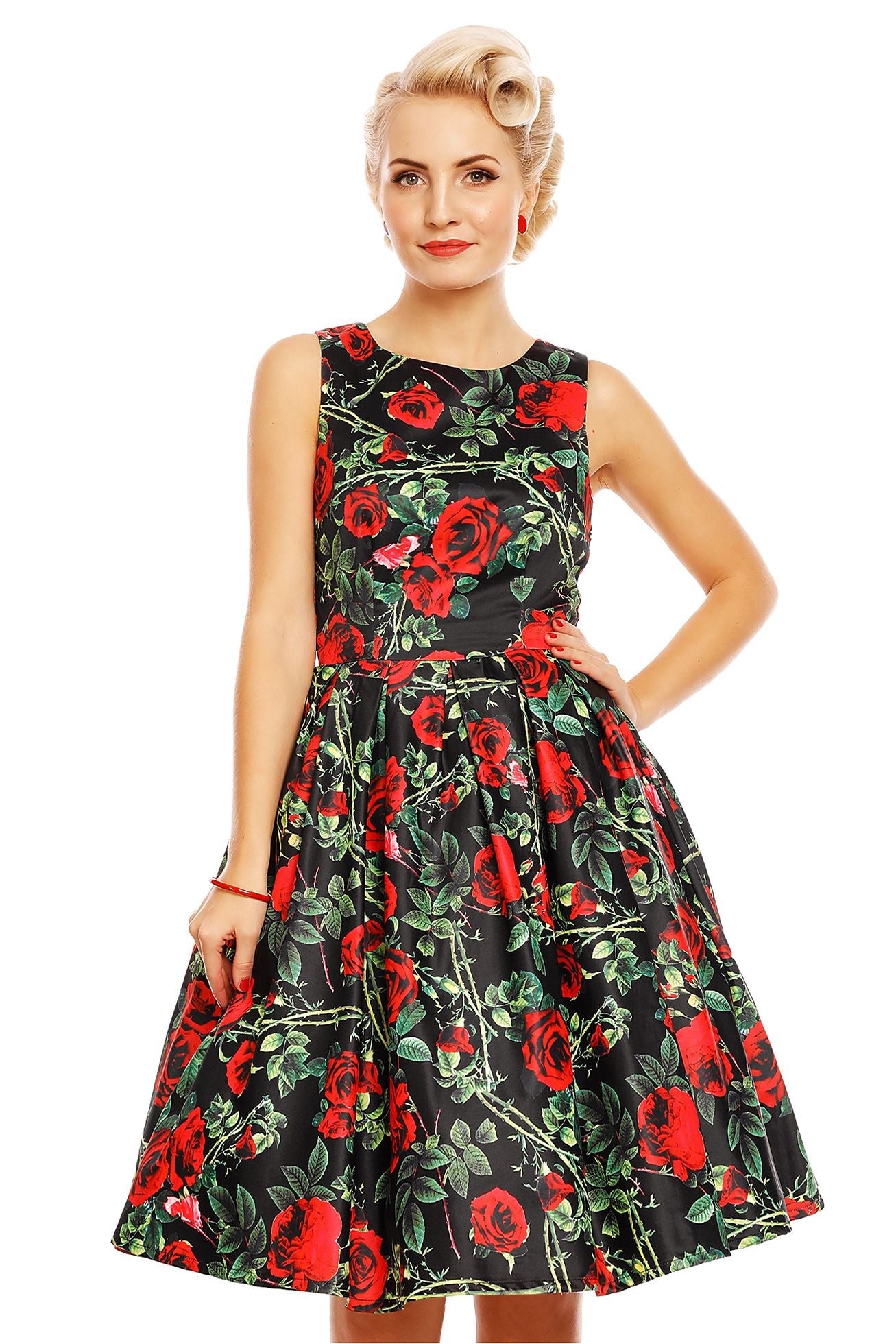 Annie Rose Thorns Floral Retro Dress in Black