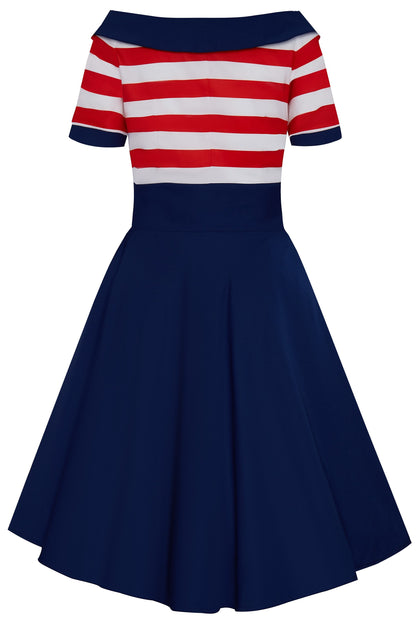 Darlene Nautical Swing Dress in Navy with Red & White Stripes