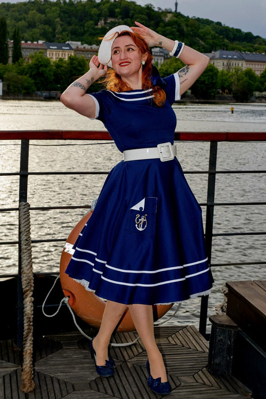 Darlene Nautical Anchor Embroidered Dress In Blue