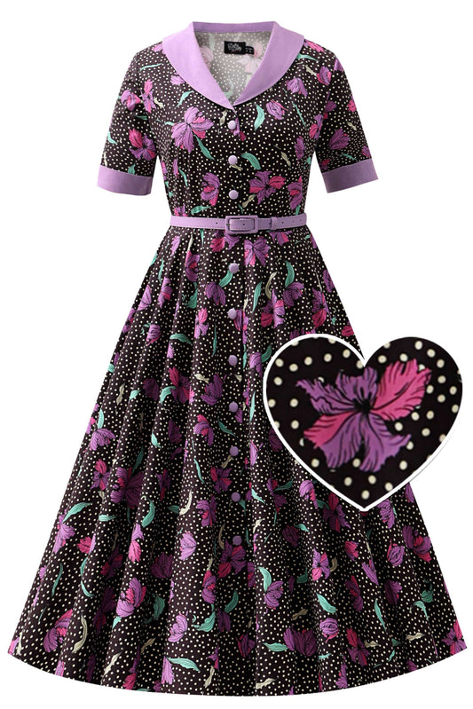Mollie Purple Floral Full Circle Shirt Dress In Black