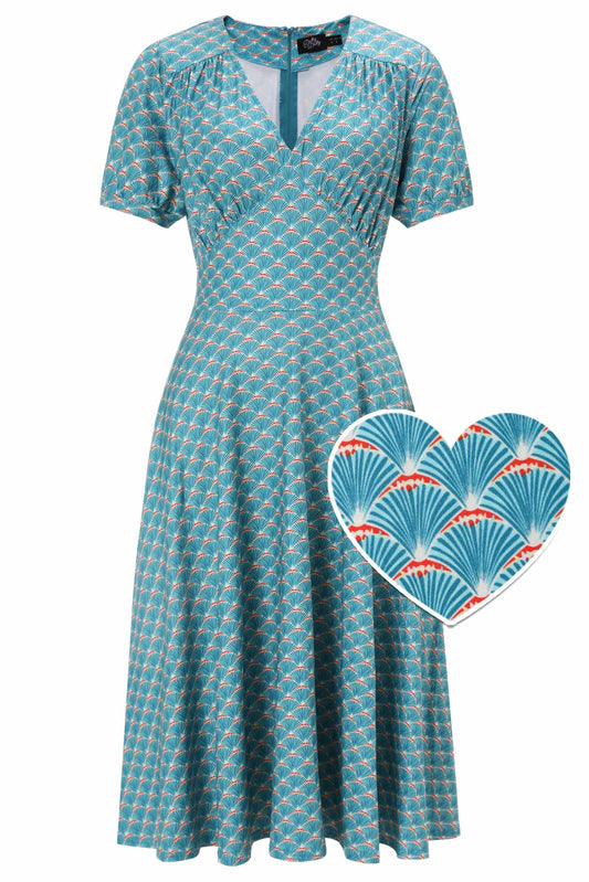 Julia 40s Teal Midi Dress In Seashell Print