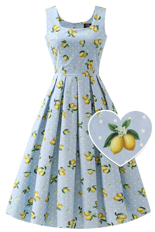 Ophelia Blue Midi Dress in Lemons and Spots