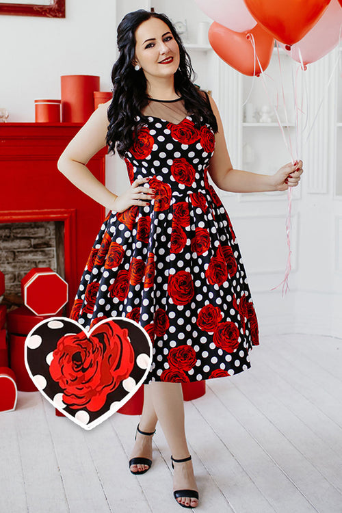 Elizabeth Vintage Style Polka Roses Party Dress in Black-Red
