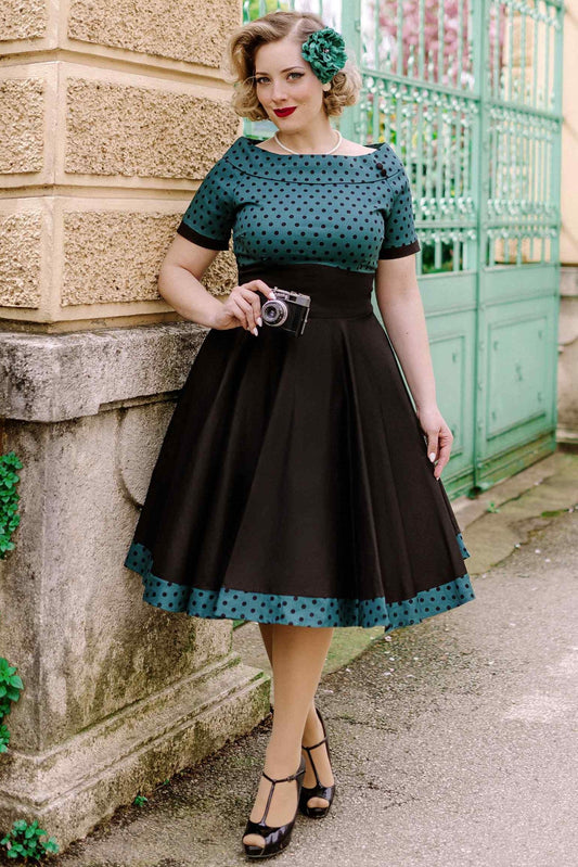 Darlene Black & Green Polka Dot Off Shoulder Swing Dress