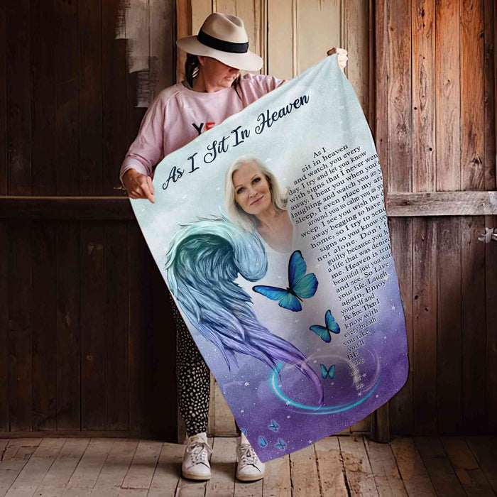 As I Sit In Heaven Memorial Blankets For Loss Of Mother, Personalized Angel Wings Sympathy Blanket