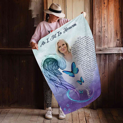 As I Sit In Heaven Memorial Blankets For Loss Of Mother, Personalized Angel Wings Sympathy Blanket