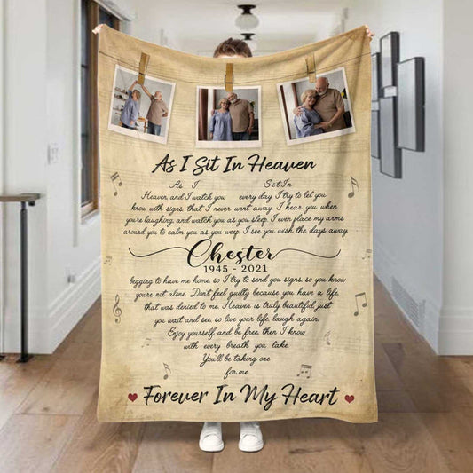 As I Sit In Heaven, Personalized Memorial Blankets With Pictures For Loss Of Father, Remembrance Memorial Blankets For Funerals, In Loving Memory Blanket