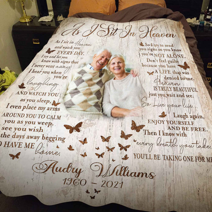 As I Sit In Heaven Poem, Memorial Butterfly Blanket For Loss Of Loved One, In Memory Photo Throw Blanket, Bereavement Blankets