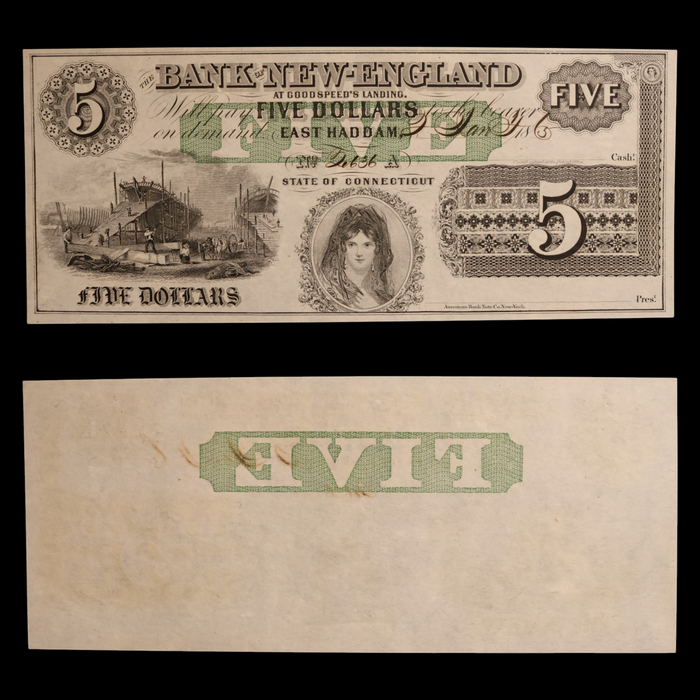 Bank of New-England At Goodspeed's Landing, Five Dollar Note (Partially Issued) - 1853 to 1865 - Connecticut, USA