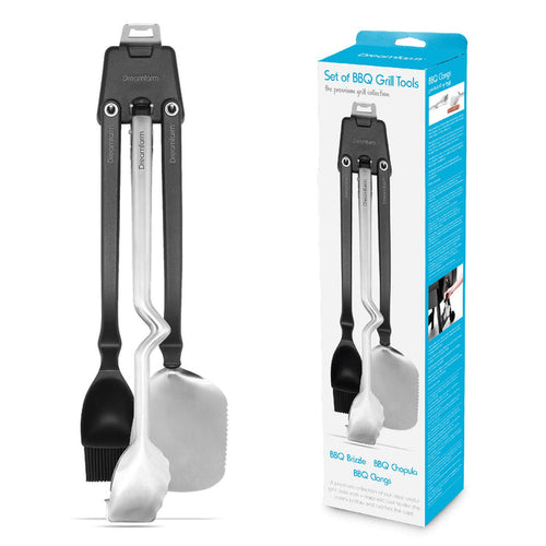 The image shows a set of BBQ grill tools consisting of a magnetic holder with a bottle opener function, a silicone mop, and a pair of tongs. The tools are primarily metallic with black and silver colors, and they are displayed both out of package and in a package.