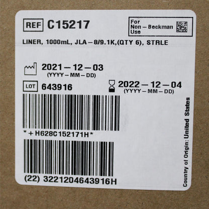Beckman Coulter C15217 HarvestLine System Liners Sterile w/ Peel Pack 1 L 6PK