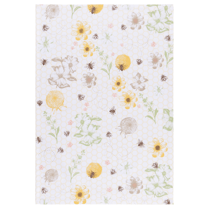 Floral pattern with sunflowers and bees on a white background