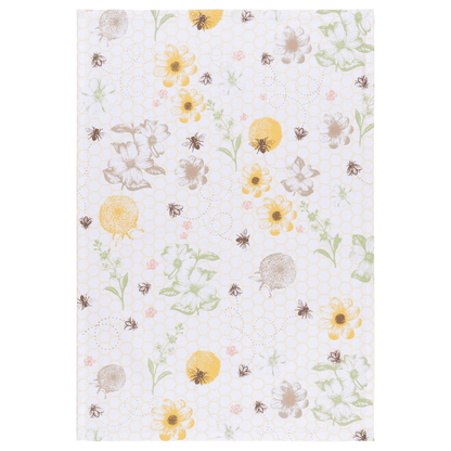 Floral pattern with sunflowers and bees on a white background