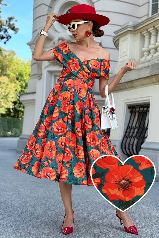Beverly Orange Poppy Off Shoulder Dress In Green