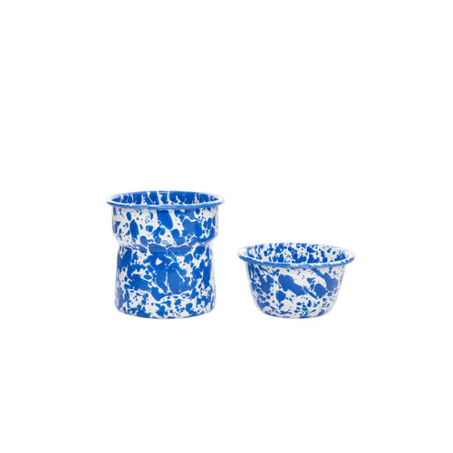 Blue splatter enamelware dip chiller set consisting of two stackable bowls, one larger for ice and one smaller for the dip, with a white base and vibrant cobalt blue splatter design.