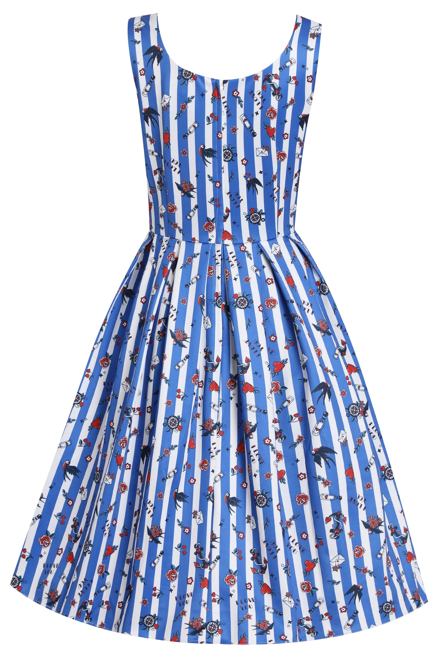 Amanda Blue Striped Rockabilly Swallow Swing Dress