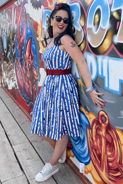 Amanda Blue Striped Rockabilly Swallow Swing Dress