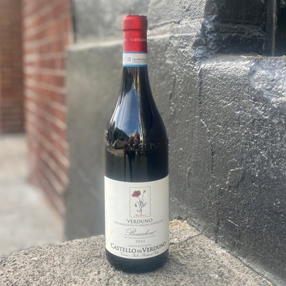 2022 Pelaverga wine bottle, dark glass, red capsule, white label