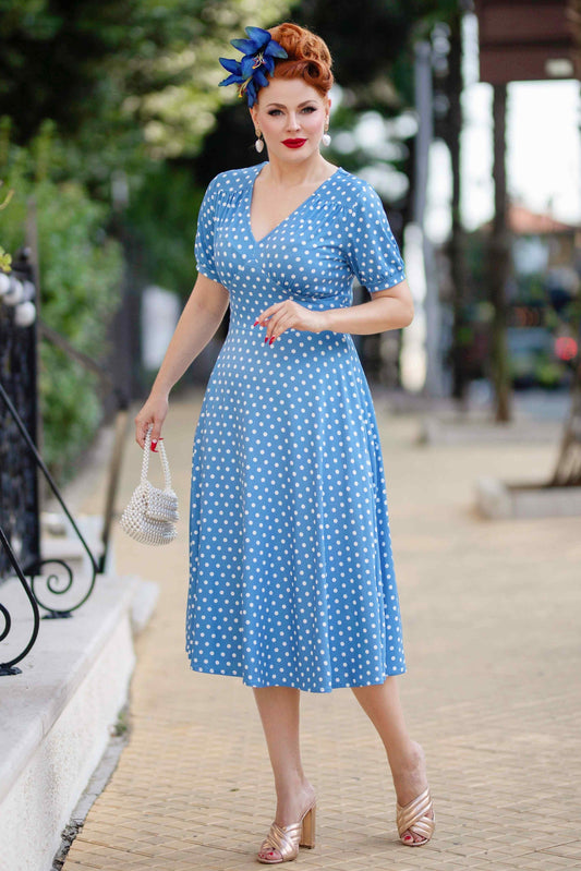 Julia Casual Midi Dress in Blue Polka Dot Print
