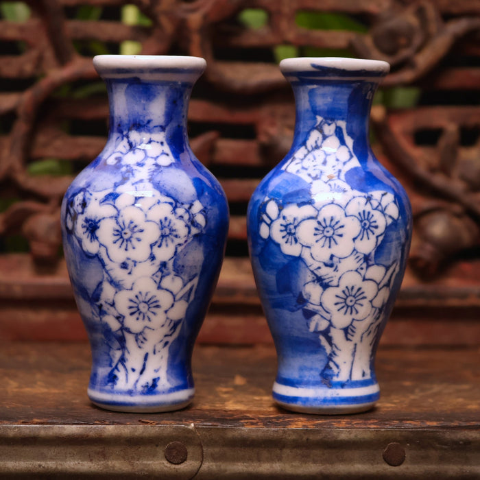 China, Qing Dynasty, Pair of Blue & White Ceramic Floral Vases - c. early 1900s CE - Imperial China