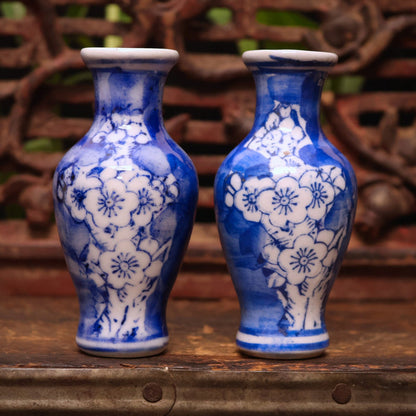 China, Qing Dynasty, Pair of Blue & White Ceramic Floral Vases - c. early 1900s CE - Imperial China