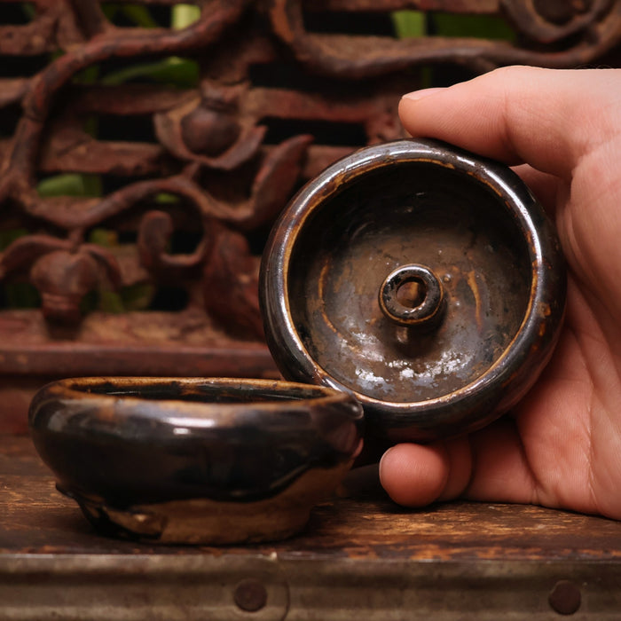 China, Qing Dynasty, Pair of Small Dark Glazed Oil Lamps - c. early 1900s CE - Imperial China