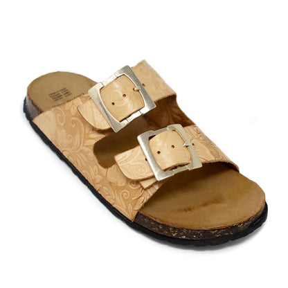 Women’s natural tan Mexican leather sandals with floral embossed straps and silver double buckle design