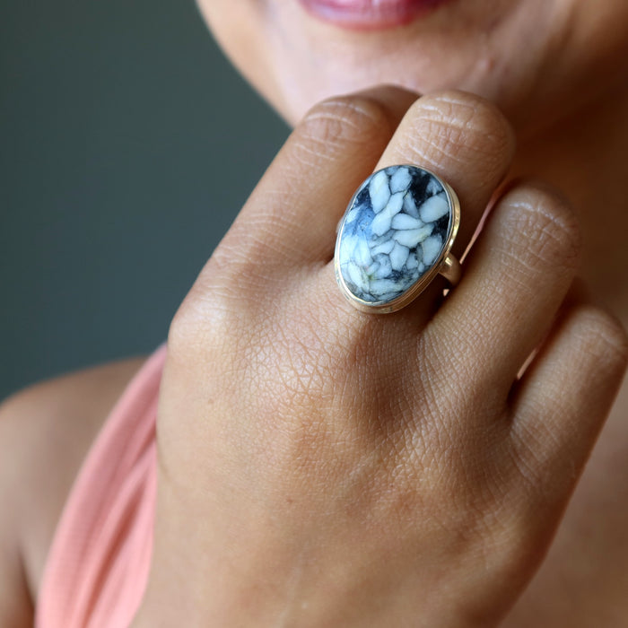 Chrysanthemum Stone Ring Black White Sterling Silver Size 7.5