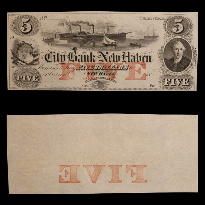 City Bank of New Haven, Five Dollars - c. 1860s - New Haven, Connecticut, USA