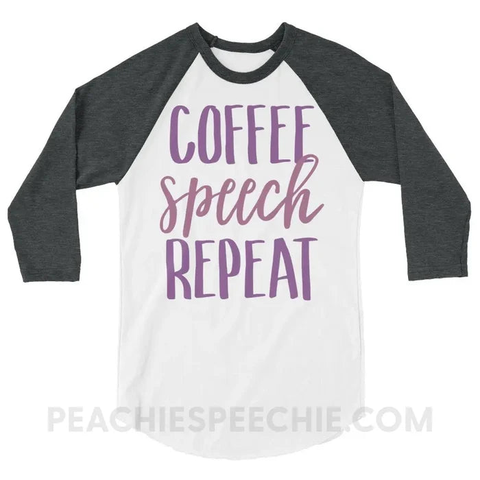 Coffee Speech Repeat Baseball Tee - White/Heather Charcoal / XS - T-Shirts & Tops peachiespeechie.com