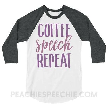 Coffee Speech Repeat Baseball Tee - White/Heather Charcoal / XS - T-Shirts & Tops peachiespeechie.com