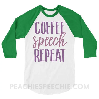 Coffee Speech Repeat Baseball Tee - White/Kelly / XS - T-Shirts & Tops peachiespeechie.com