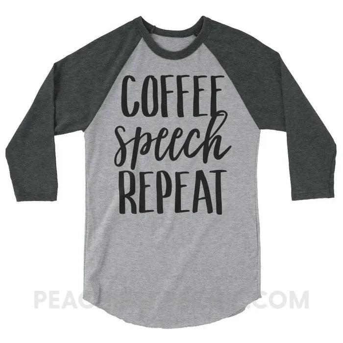 Coffee Speech Repeat Baseball Tee - Heather Grey/Heather Charcoal / XS - T-Shirts & Tops peachiespeechie.com